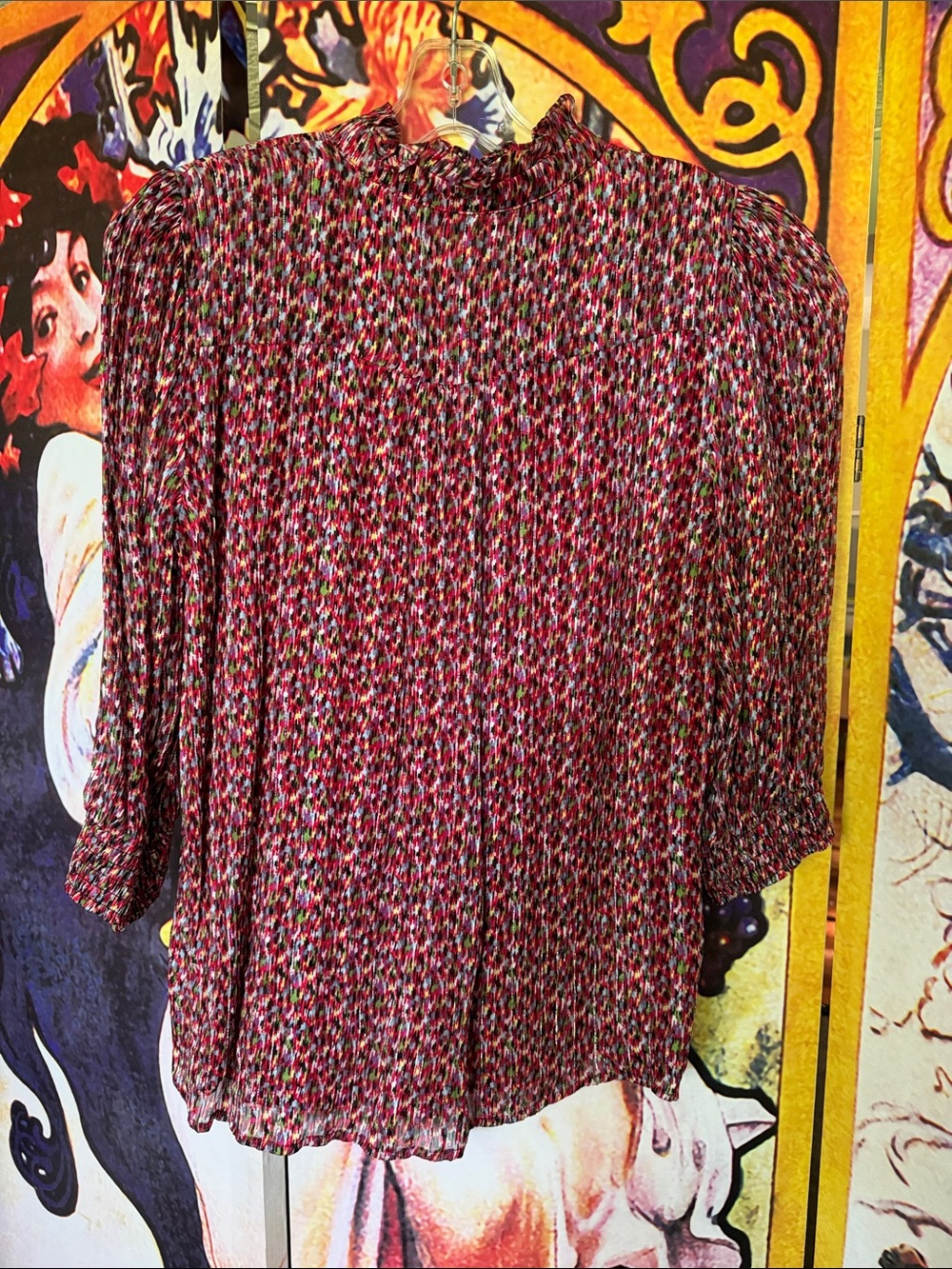 ba&sh Burgundy Multi-Print Ruffle-Neck Blouse - Picture 3 of 3